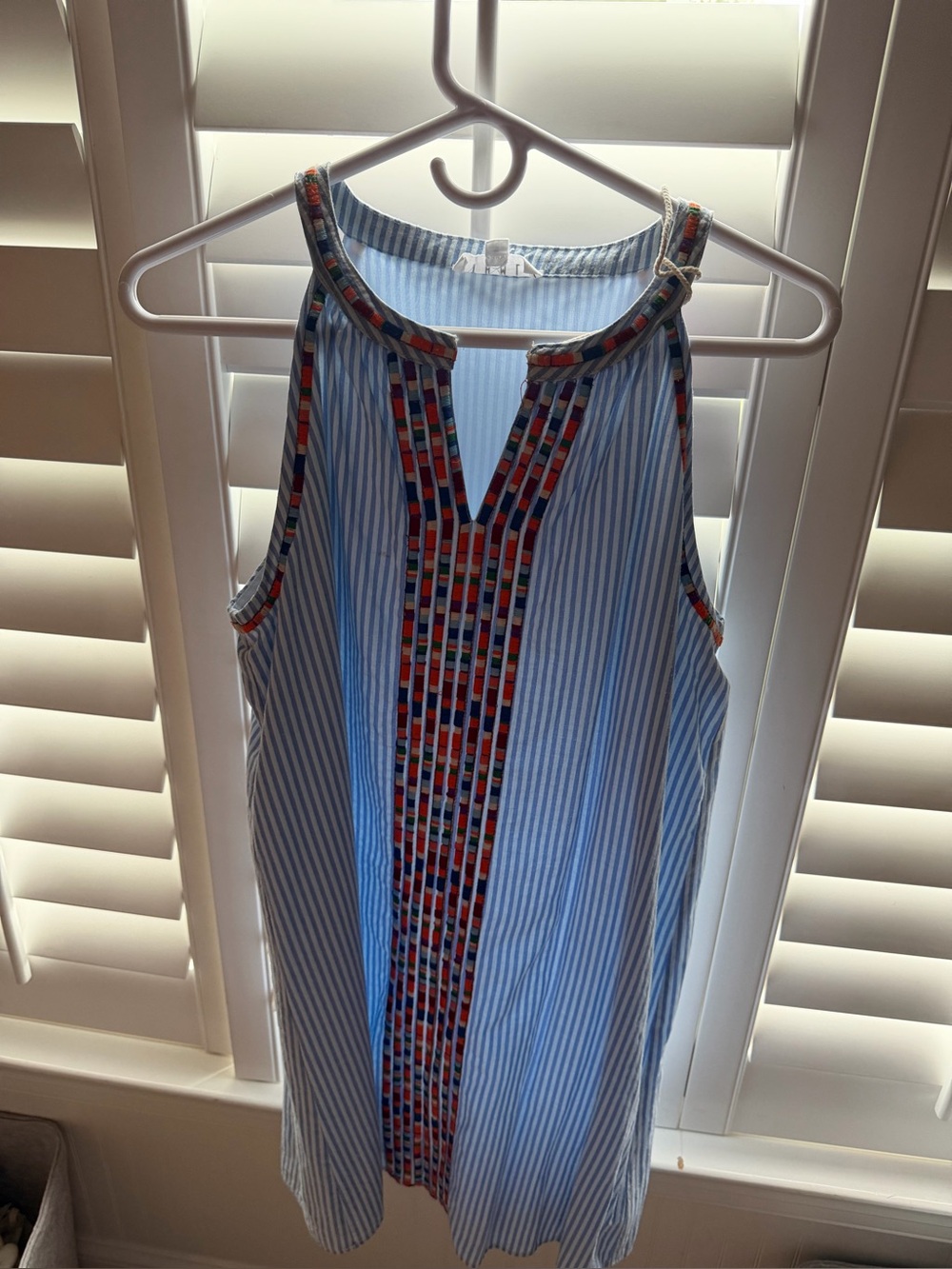 THML Light Blue Striped Midi Dress with Multi-Color Trim
